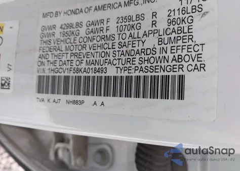 2019 Honda Accord Ex-L z USA, uszkodzony, nr VIN 1HGCV1F58KA018493